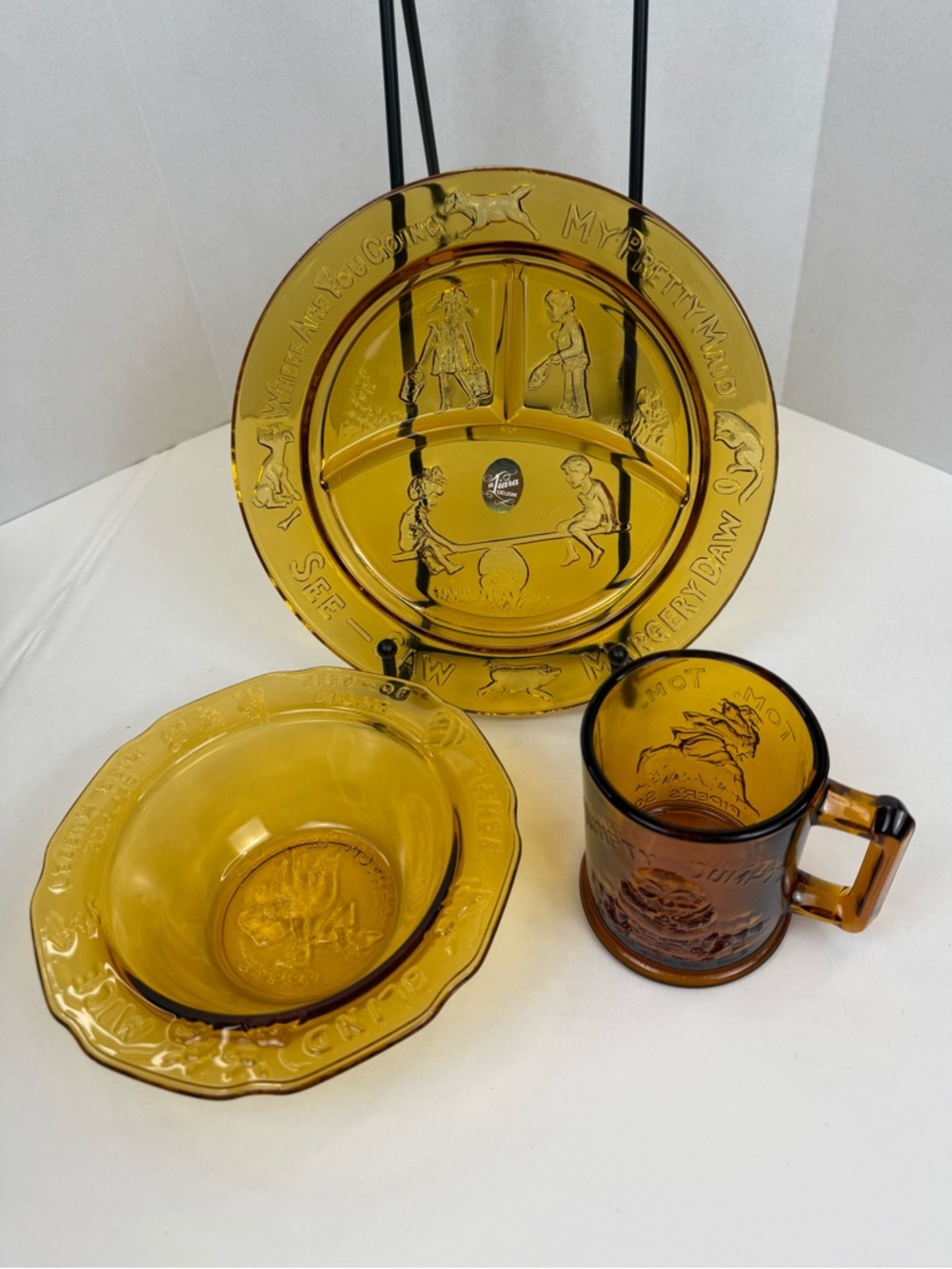 Tiara Amber Glass Nursery Rhyme Plate, Bowl & Mug Set